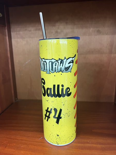 Cup, with Straw, Metal , Yellow Outlaws with name and number